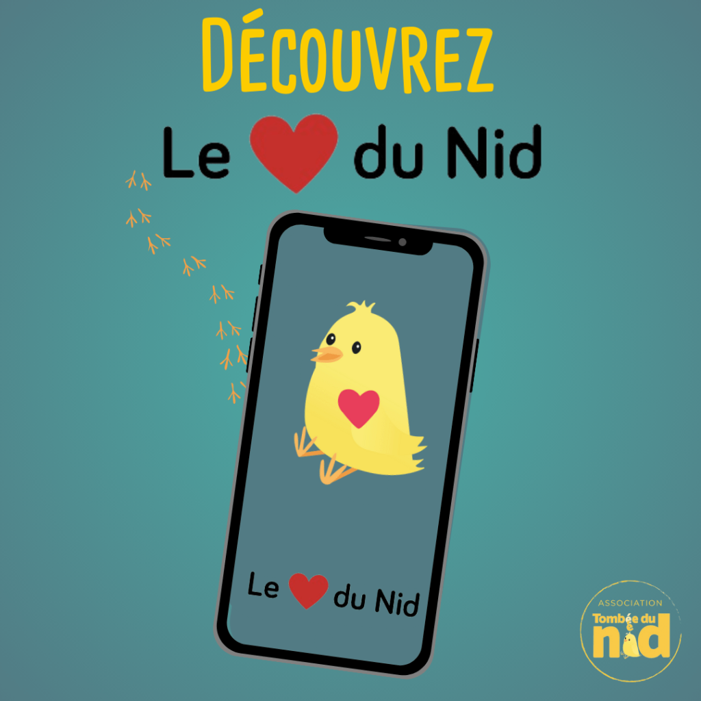 Image promotionnelle de l'application Le Cœur du Nid, développée par l'association Tombée du Nid pour aider les familles ayant un enfant porteur de handicap, mettant en relation des bénévoles et des familles.