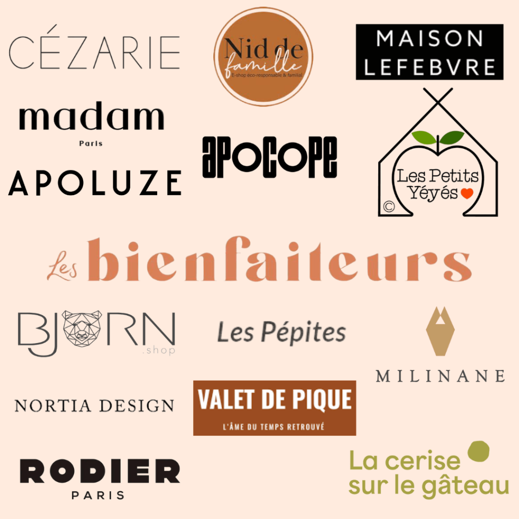 Logos des marques partenaires telles que Cezarie, Nid de Famille, Maison Lefebvre, et autres, qui soutiennent l'association Tombée du Nid à travers la plateforme Les Bienfaiteurs.