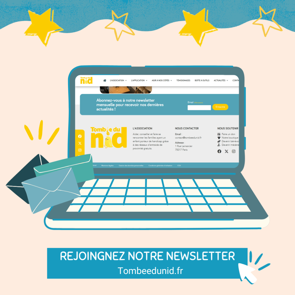 "Illustration d'un ordinateur portable avec le site de l'Association Tombée du Nid à l'écran, invitant les visiteurs à s'abonner à la newsletter pour recevoir les dernières actualités.