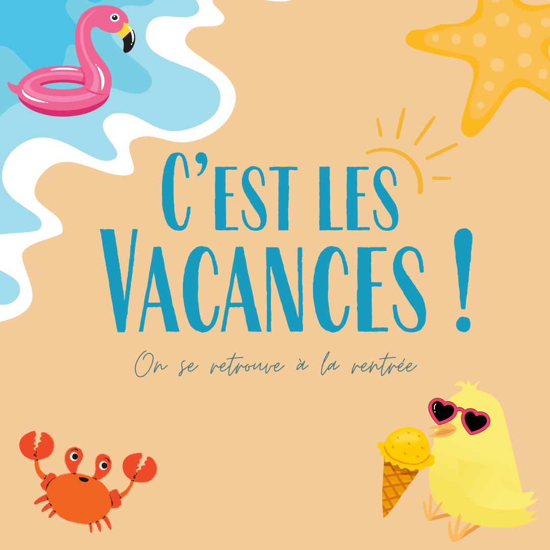 images d'un poussin portant des lunettes de soleil et mangeant une glace à la plage , avec en gros un texte "C'est les vacances"