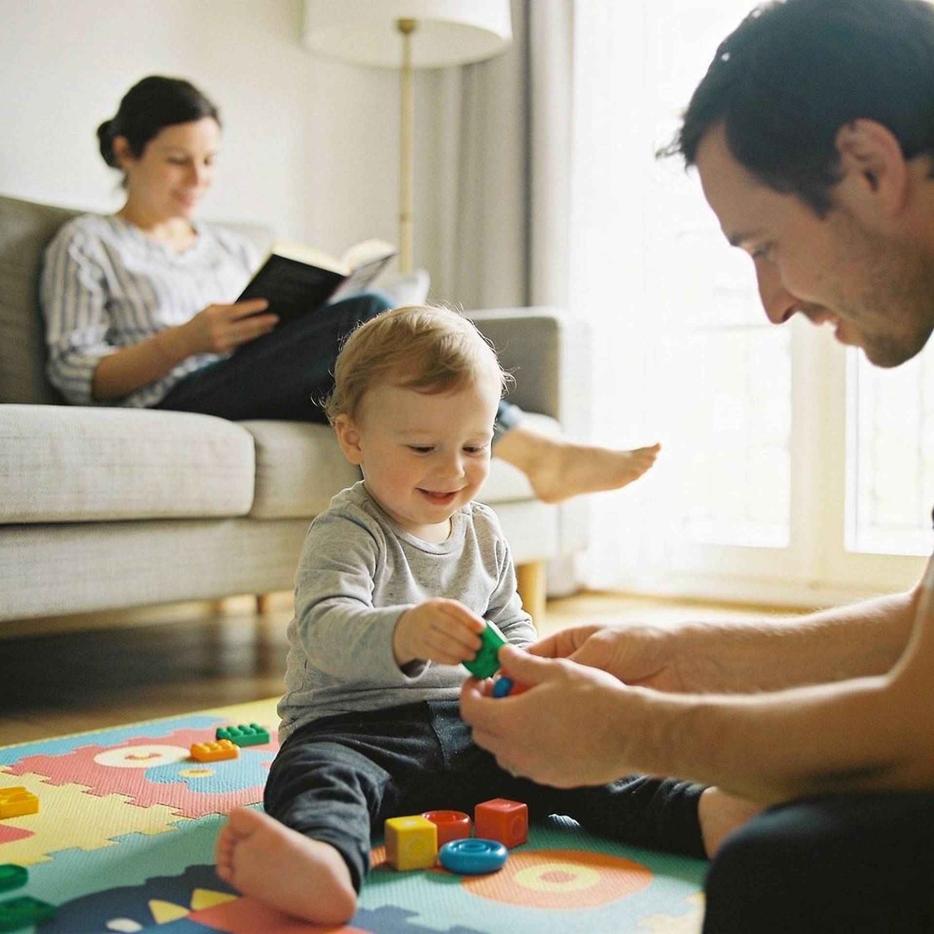 Parents jouant avec leur enfant en situation de handicap dans leur salon, illustrant le répit et l’accompagnement des familles au quotidien.