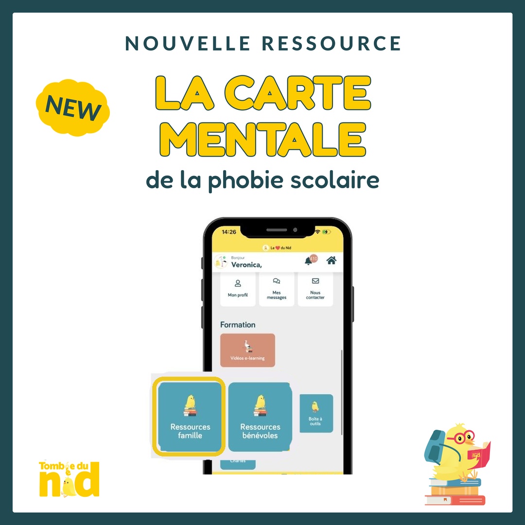 Visuel annonçant la carte mentale sur la phobie scolaire, à retrouver dans l’espace Ressources famille de l’application Le Cœur du Nid